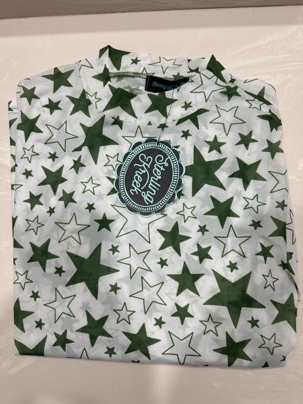 Star Print Mesh Top - Green Stars on White long sleeve 2X